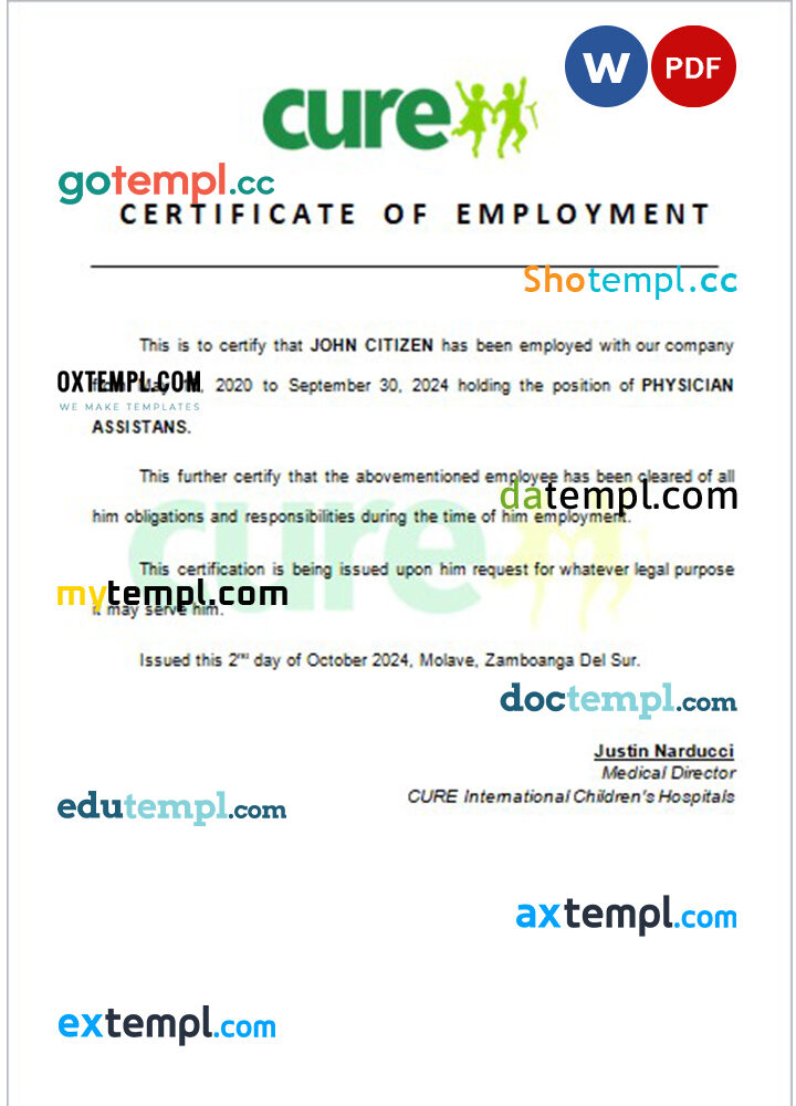 Niger CURE International Children’s Hospitals certificate of employment Word and PDF download template