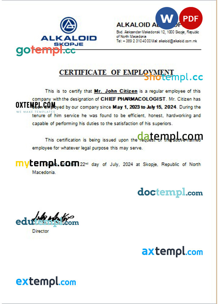 North Macedonia Alkaloid AD Skopje certificate of employment Word and PDF download template