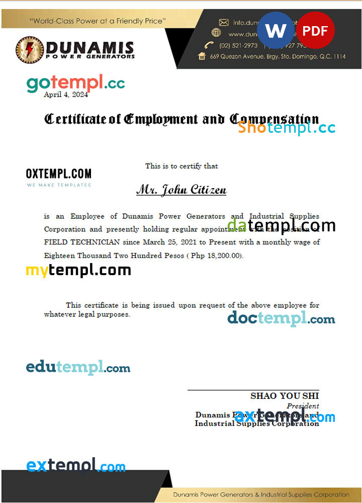 Singapore Olam International Limited certificate of employment Word and PDF download template