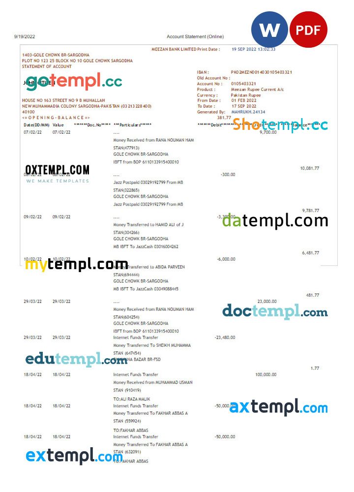 PAKISTAN MEEZAN bank statement 3 – 6 months Word and PDF example