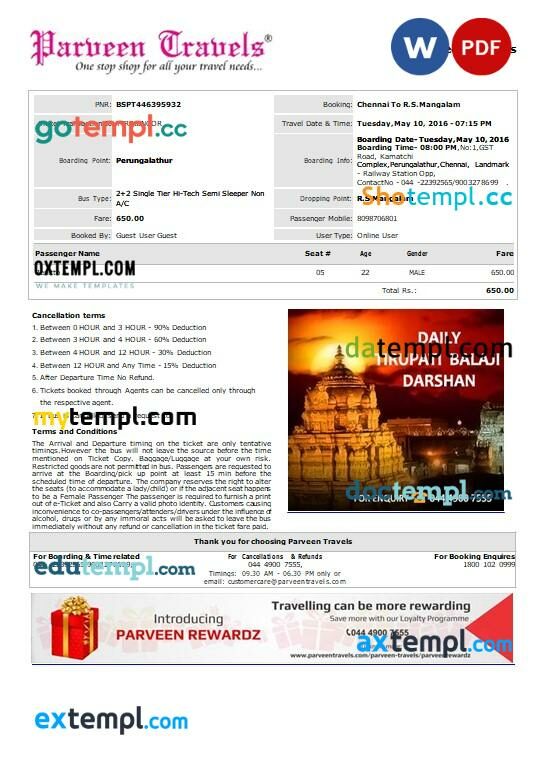 Parveen Travels bus e-ticket, Word and PDF download template