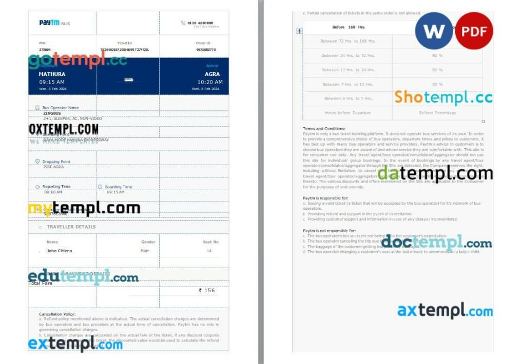 Vistara airplane e-ticket, Word and PDF download template, 3 pages