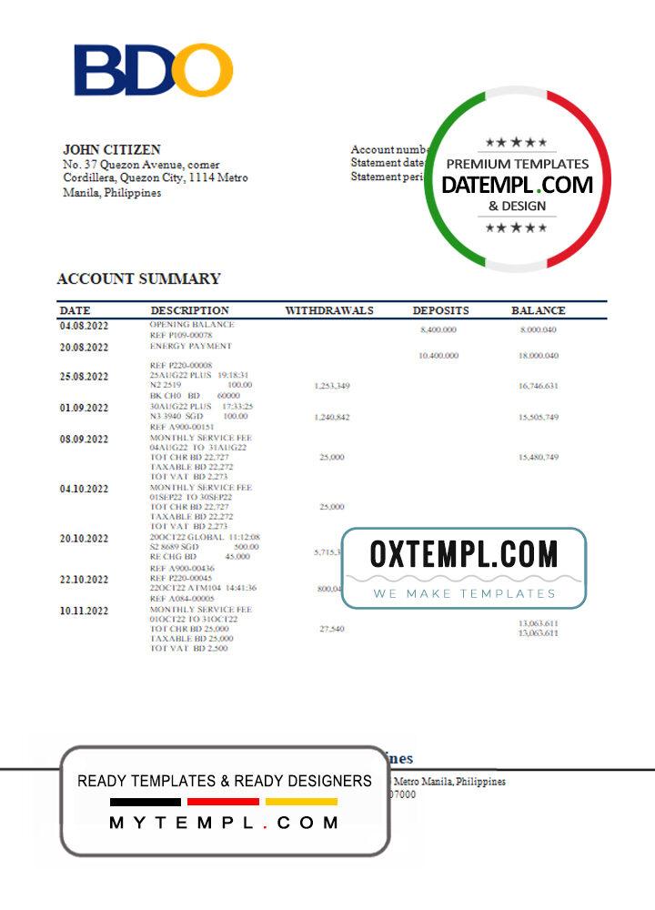 Philippines BDO bank statement example in Word and PDF format