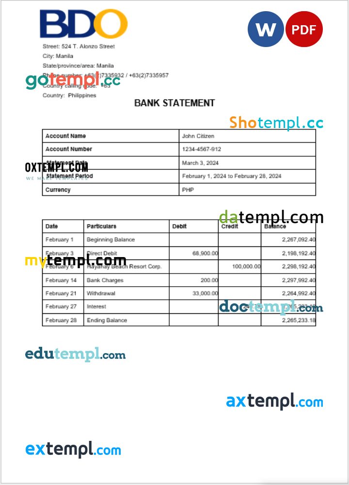 Philippines BDO bank statement Word and PDF template, 6 pages