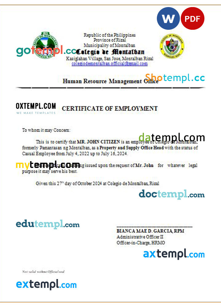 Philippines Colegio de Montalban certificate of employment Word and PDF download template