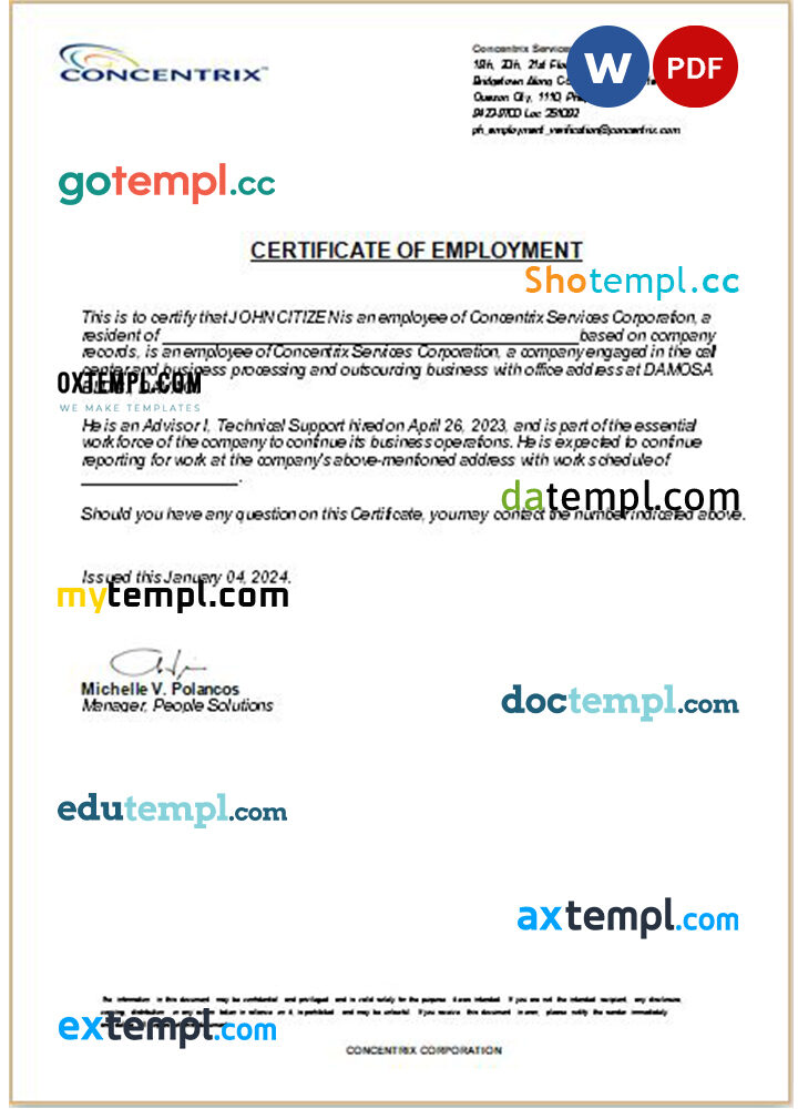 Philippines Concentrix Services Corporation certificate of employment Word and PDF download template