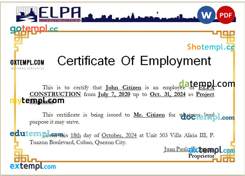 Philippines Elpa Construction certificate of employment Word and PDF download template