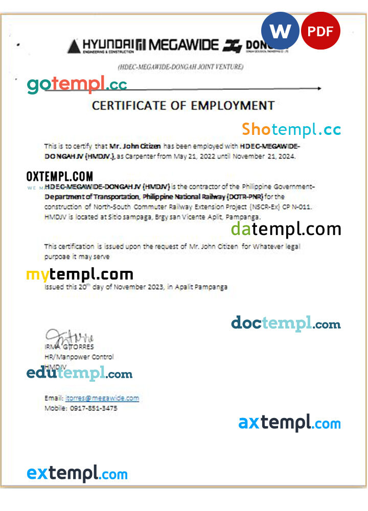 Philippines Hdec-Megawide-Dongah JV certificate of employment Word and PDF download template