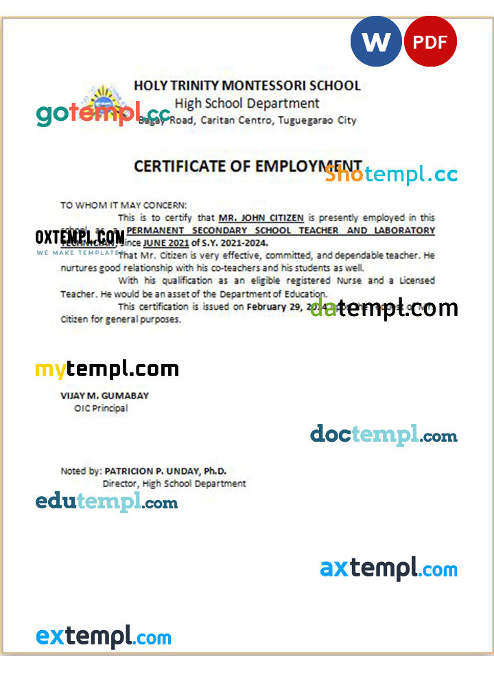 Philippines Holy Trinity Montessori School certificate of employment Word and PDF download template