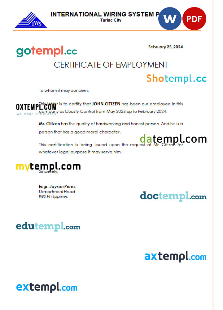 North Macedonia Alkaloid AD Skopje certificate of employment Word and PDF download template