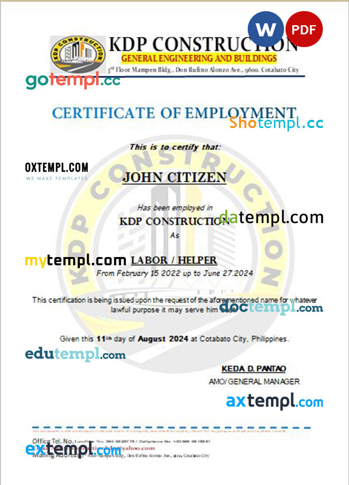 Philippines KDP Construction certificate of employment Word and PDF download template