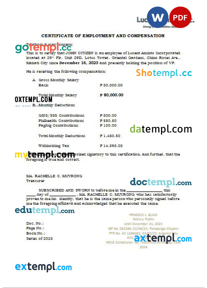 Philippines Lucent Aminto Inc. certificate of employment and compensation Word and PDF download template