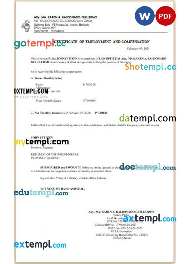 Philippines MK Baldonado-Guillermo Law Office certificate of emplyoment and compensation Word and PDF download template