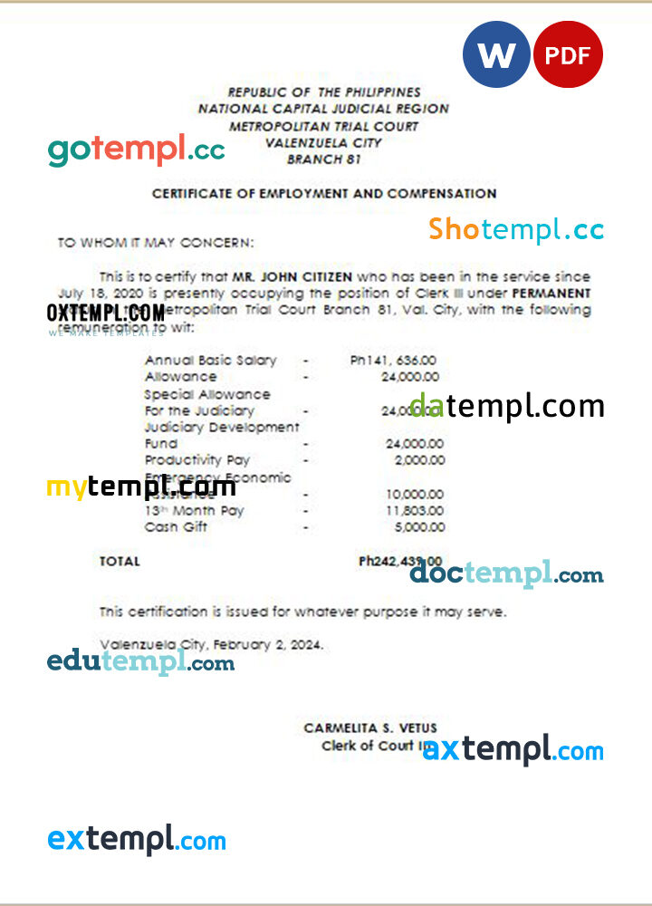 Portugal Bial Hospital certificate of employment Word and PDF download template