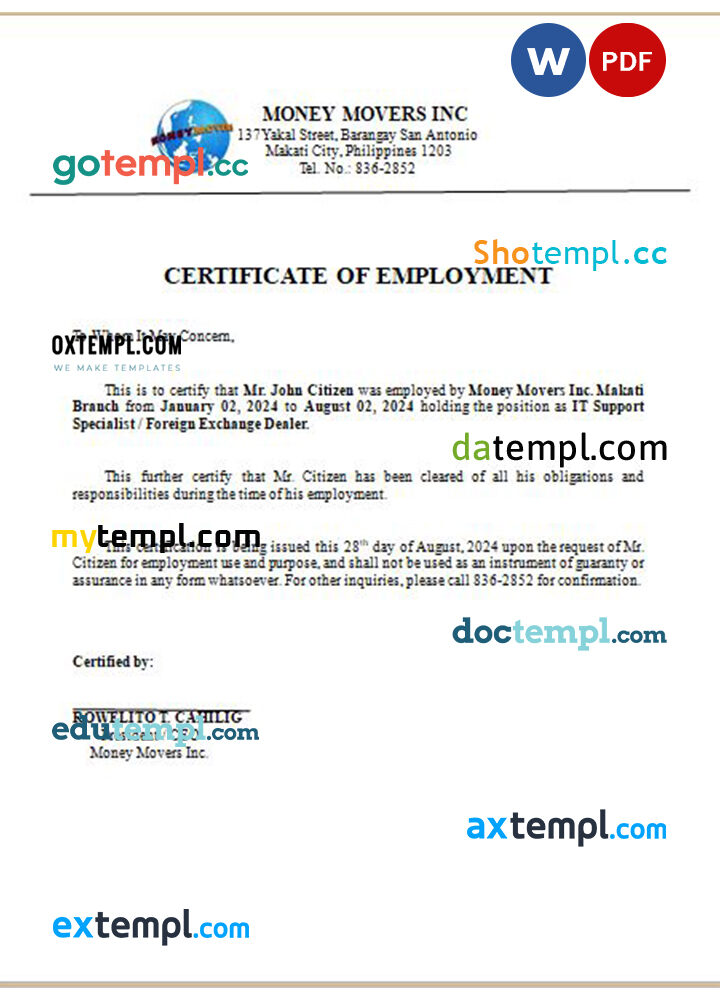 Portugal Bial Hospital certificate of employment Word and PDF download template