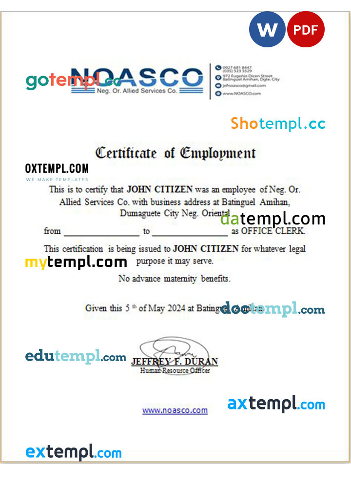 Philippines Neg. Or. Allied Services Co. certificate of employment Word and PDF download template