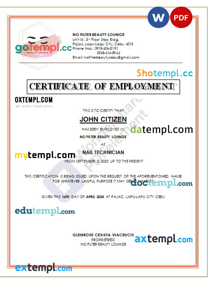 Philippines No Filter Beauty Lounge certificate of employment Word and PDF download template