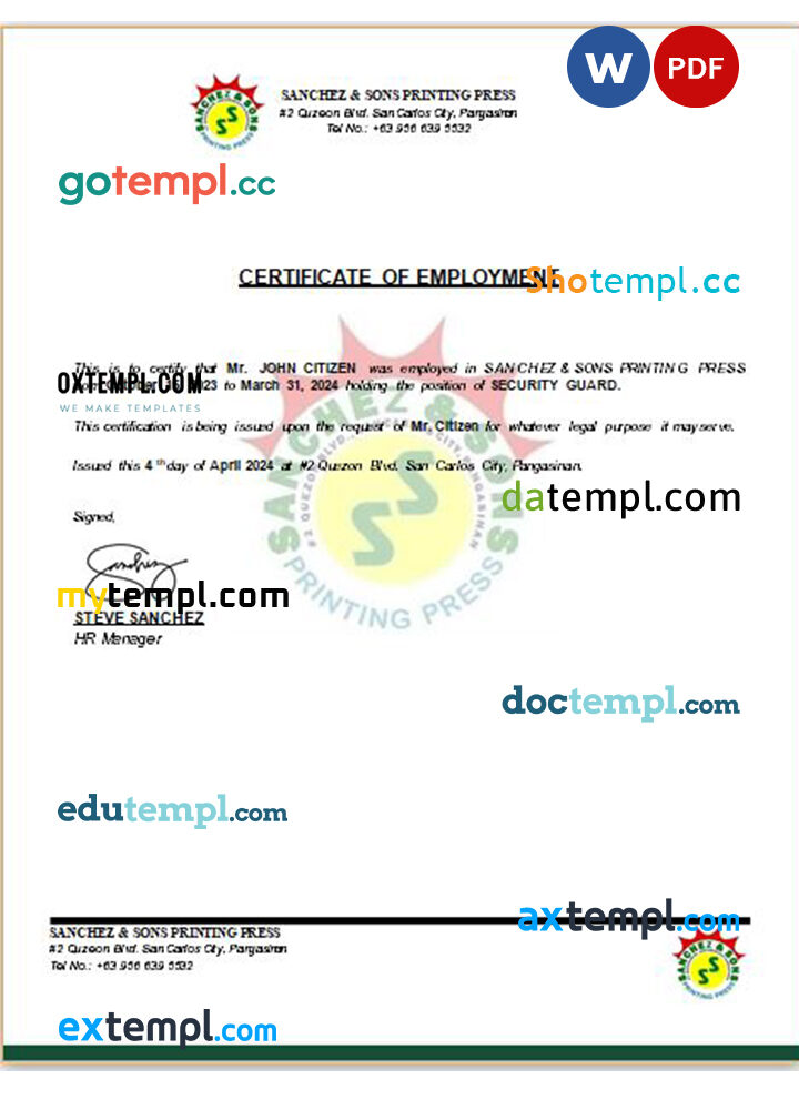 Philippines Sanchez & Sons Printing Press certificate of employment Word and PDF download template