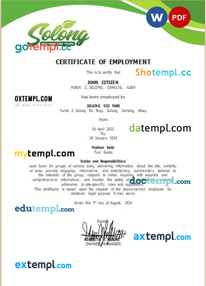 Philippines Solong Eco Park certificate of employment Word and PDF download template