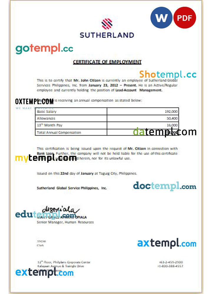 Philippines Sutherland Global Service Inc.certificate of employment Word and PDF download template