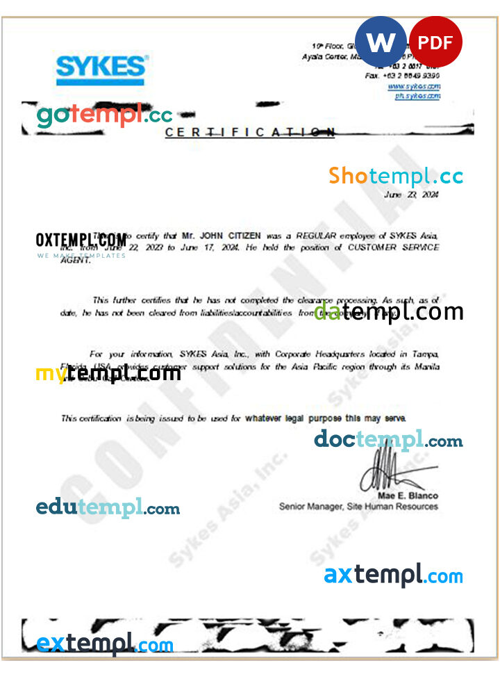 Philippines Sykes Asia Inc. certificate of employment Word and PDF download template