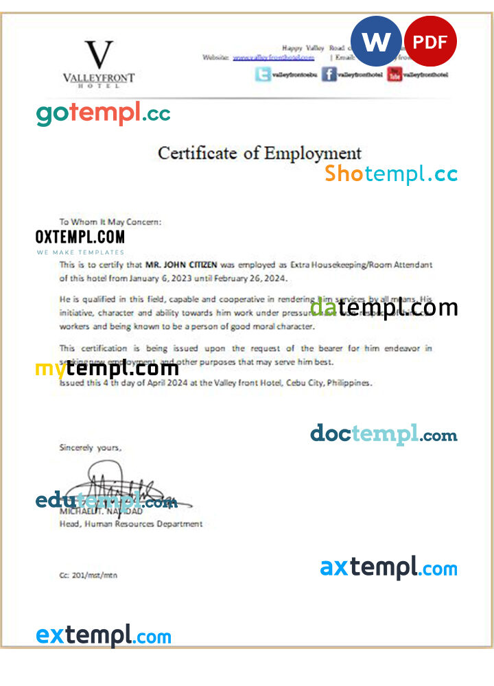 Philippines Valley front Hotel certificate of employment Word and PDF download template