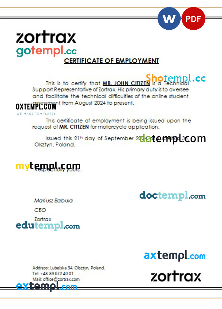 Poland Zortrax certificate of employment Word and PDF download template