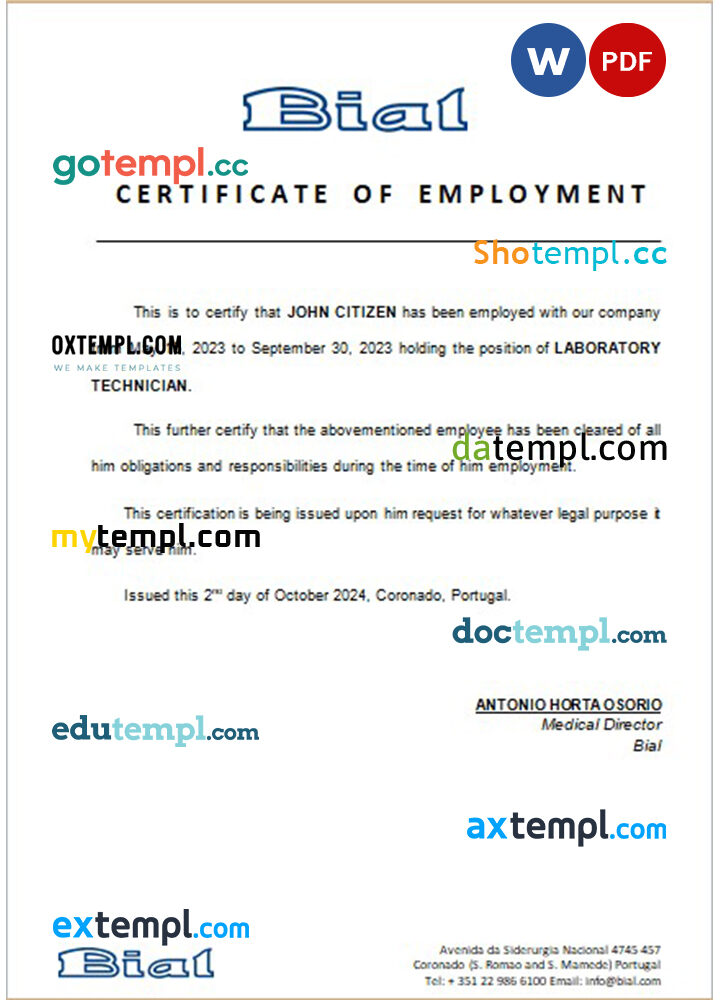 Portugal Bial Hospital certificate of employment Word and PDF download template