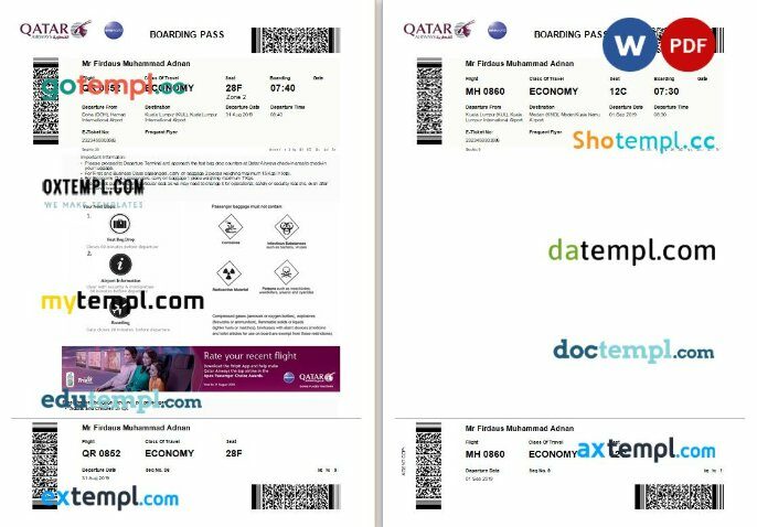 Qatar Airways airplane e-ticket, Word and PDF download template, 2 pages