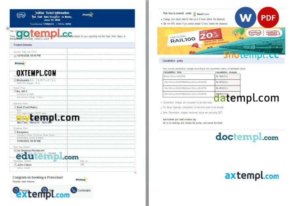 Dar Al Medhyaf Company airplane e-ticket, Word and PDF download template, 2 pages