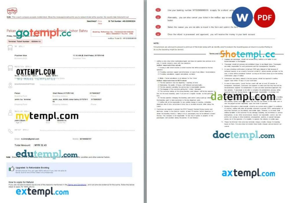 RedBus ticket, Word and PDF download template, 2 pages, version 2