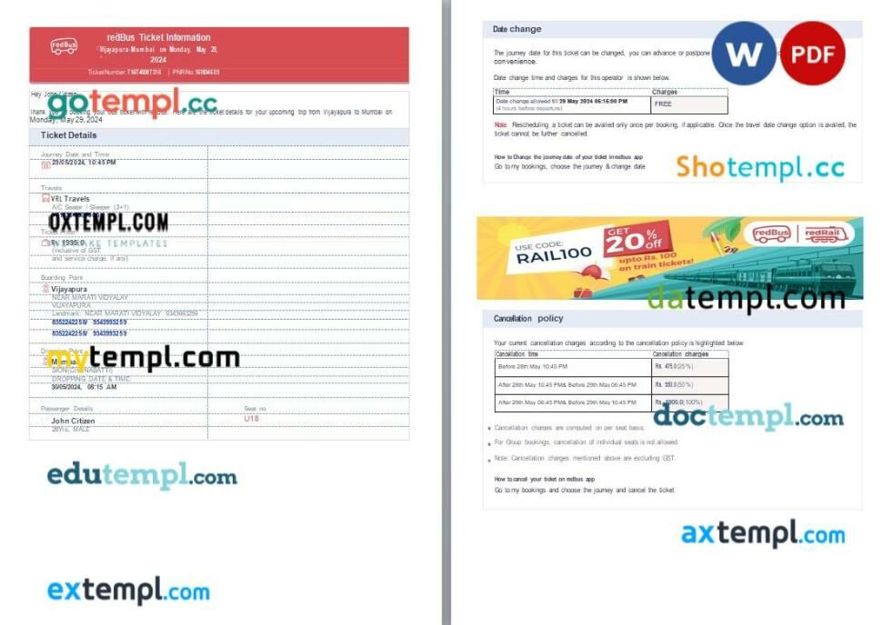 Ticketmaster’s event e-ticket, Word and PDF download template, version 2