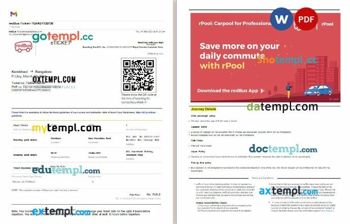 RedBus bus e-ticket, Word and PDF download template, 3 pages