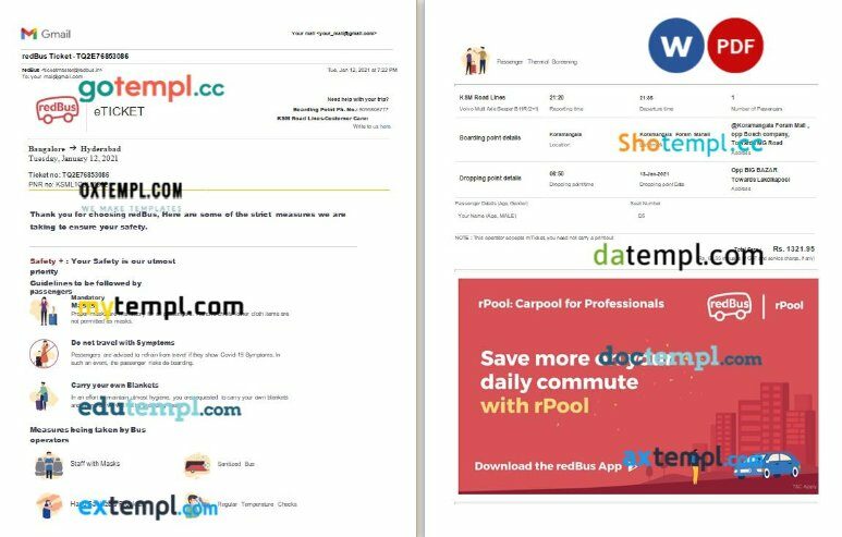 RedBus bus e-ticket, Word and PDF download template, 4 pages