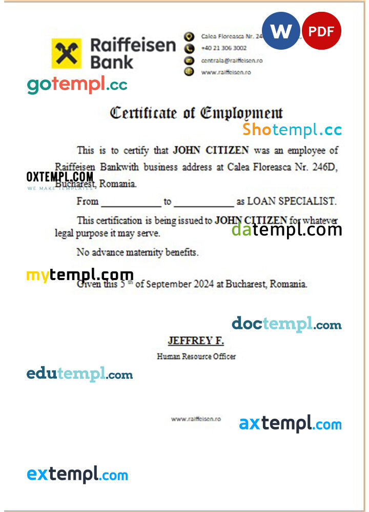 Romania Raiffeisen Bank certificate of employment Word and PDF download template