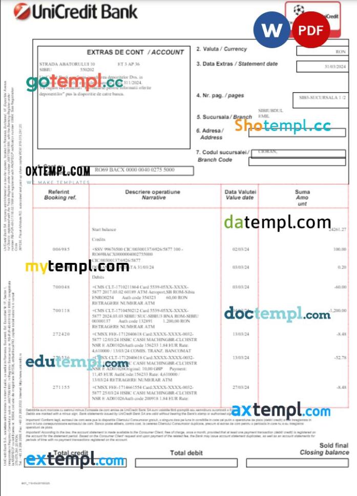 Romania Unicredit bank statement Word and PDF template, 2 pages