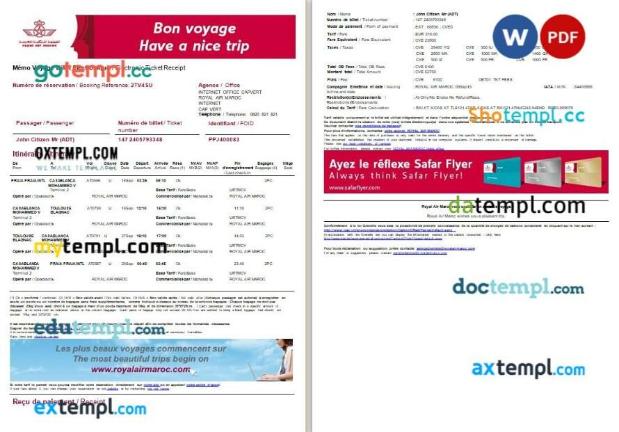 Vistara airplane e-ticket, Word and PDF download template, 3 pages