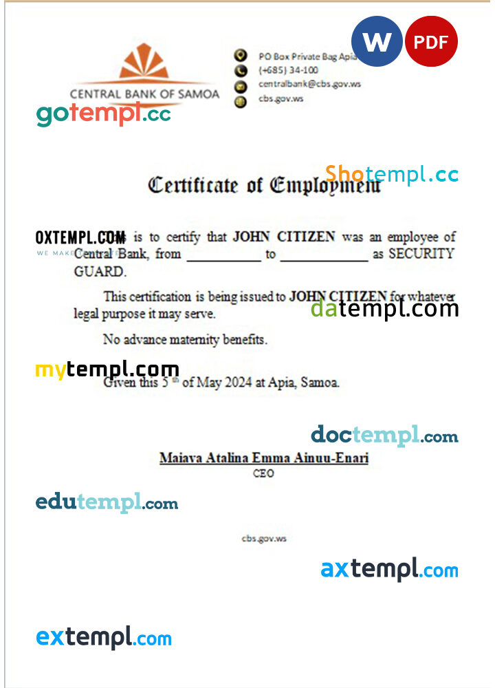 Samoa Central Bank certificate of employment Word and PDF download template