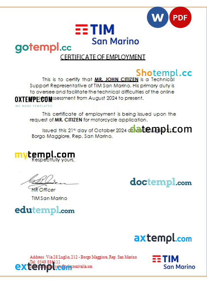 San Marino TIM certificate of employment Word and PDF download template