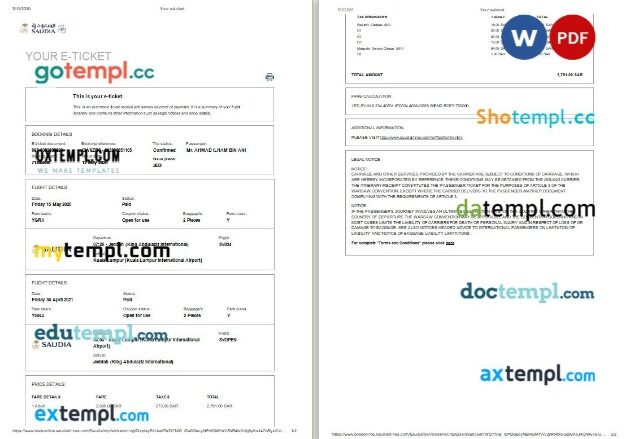 SaudiAirlines airplane e-ticket, Word and PDF download template, 2 pages