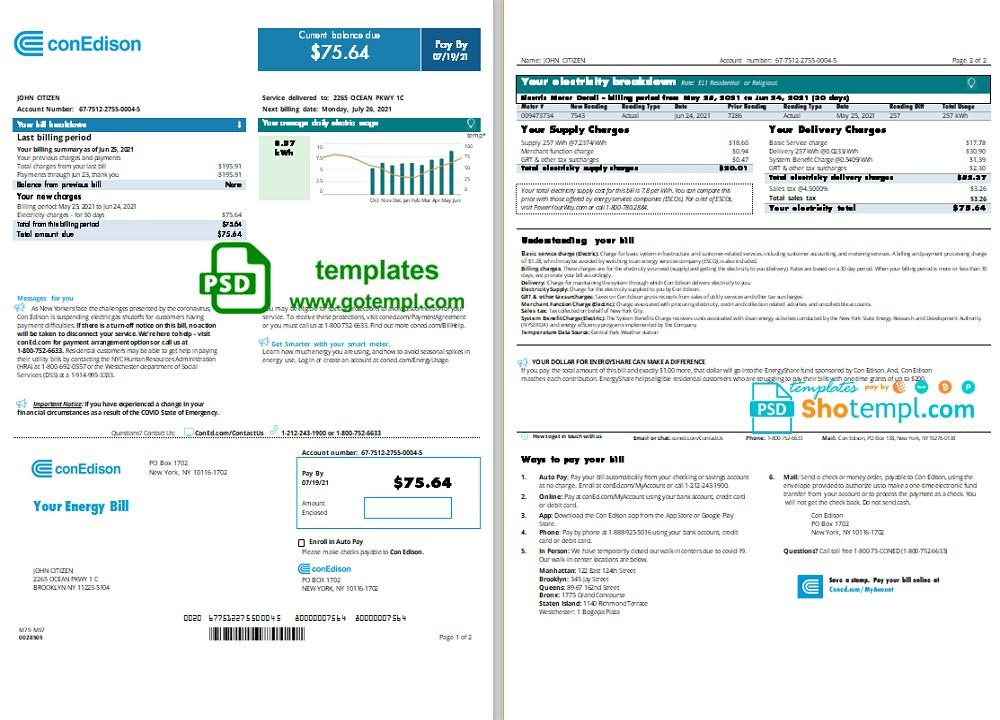 USA New York Con Edison utility bill template in PSD format, 2 pages (2021 April – present)