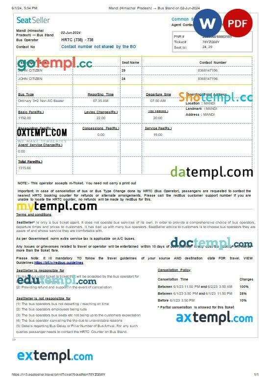 Himachal Road Transport Corporation Journey Cum Reservation ticket, Word and PDF download template, 2 pages