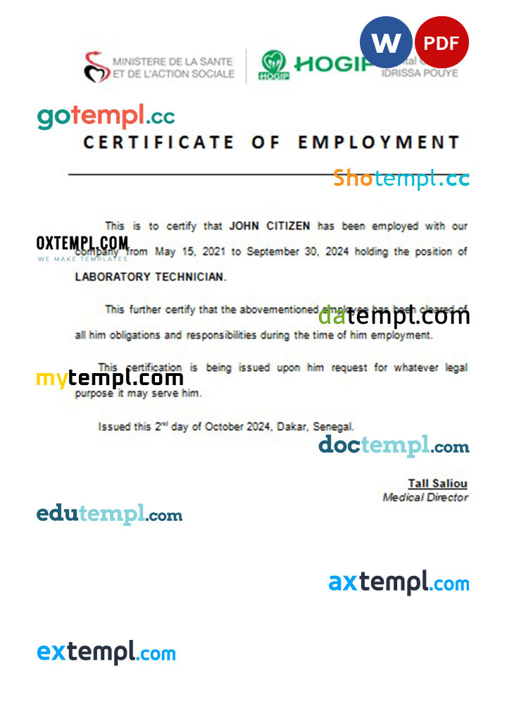 Senegal General De Grand Yoff Hospital certificate of employment Word and PDF download template