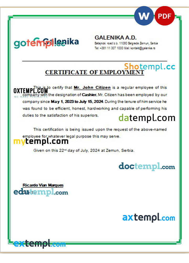 Serbia Galenika A.D. certificate of employment Word and PDF download template