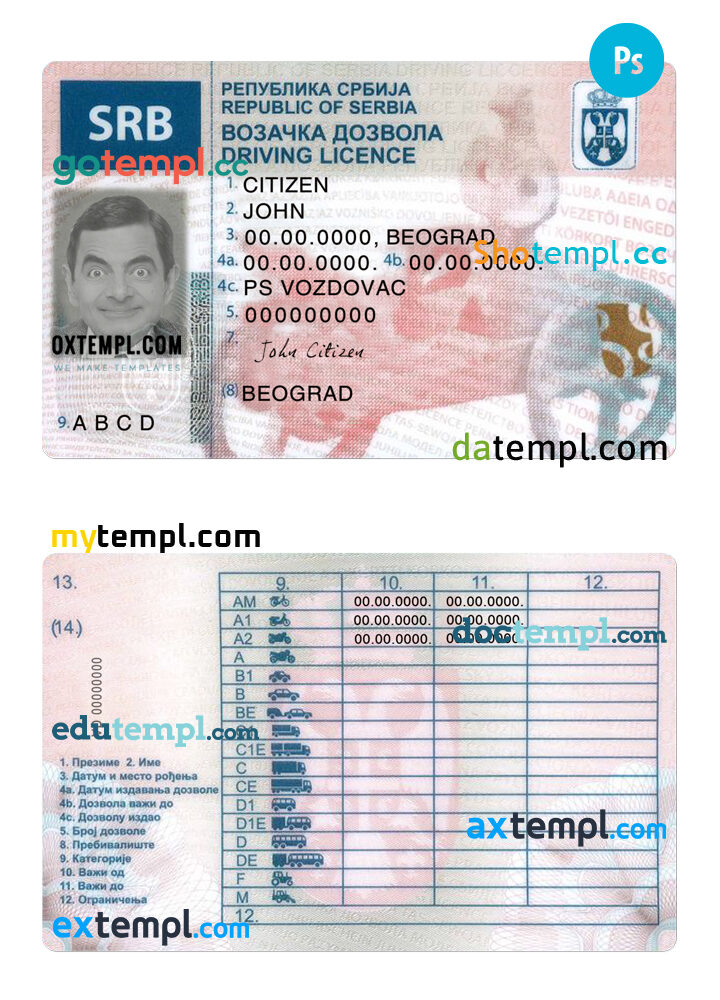 Serbia driving license PSD template, completely editable