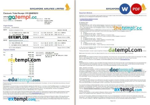 Singapore Airlines Limited (SIA) airplane e-ticket, Word and PDF download template, 3 pages