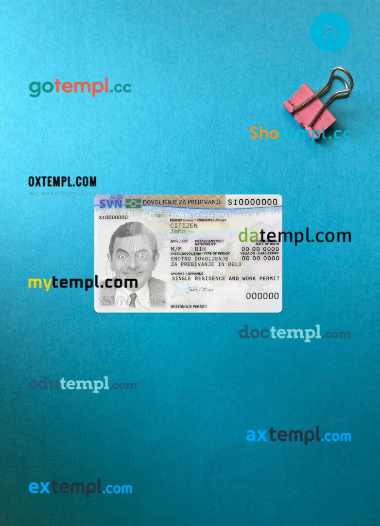 Slovenia residence permit card editable PSDs, scan and photo-realistic snapshot, 2 in 1