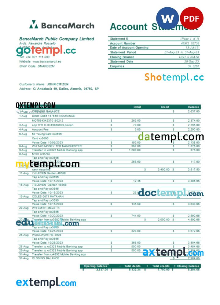 Spanish BancaMarch bank statement 3 – 6 months Word and PDF example