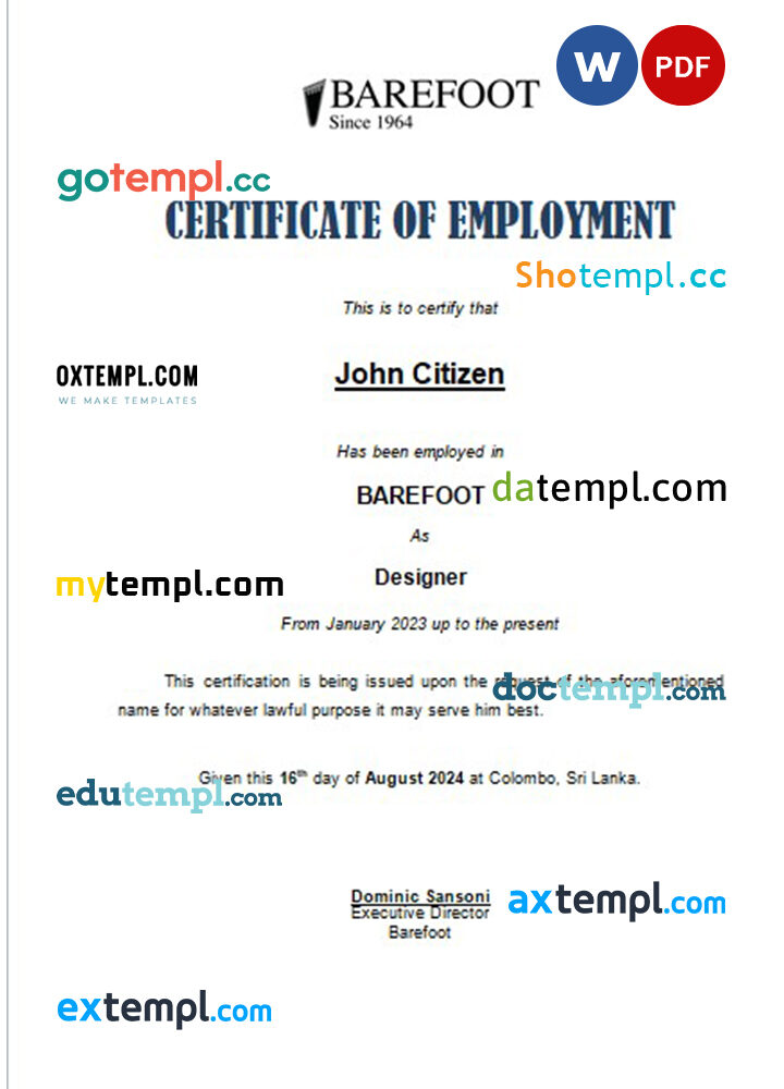 Sri Lanka Barefoot certificate of employment Word and PDF download template