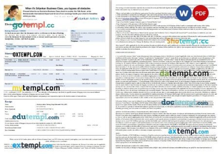 SriLankan Airlines airplane e-ticket, Word and PDF download template, 3 pages